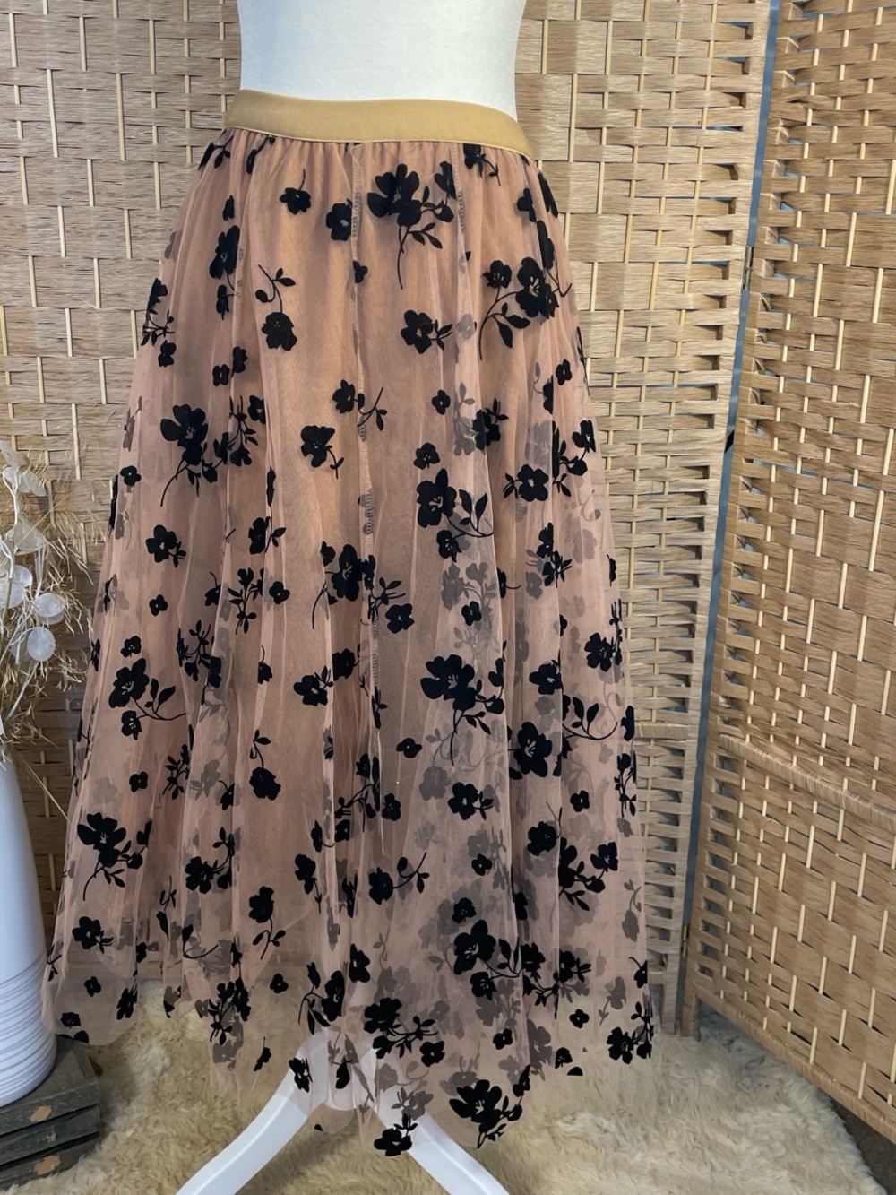 Chicwish Tan Mauve Tulle Midi Skirt with Black Floral Flock